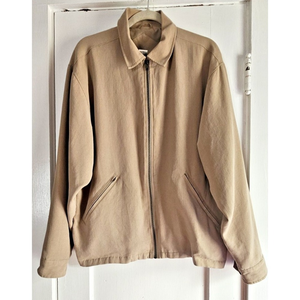 Vintage Peota Moda stlyed in Italy 100% silk Khaki zip up bomber jacket mens L